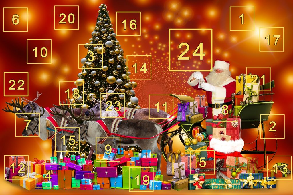 A traditional German advent calendar depicting a Christmas scene. The numbers one through twenty-four are written in gold. 